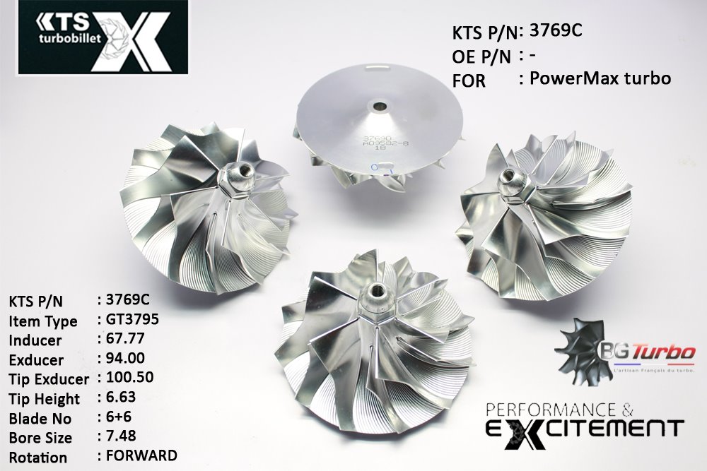 Turbo ROUE FORGÉE MFS PERFORMANCE - 6+6 PALES - INDUCER : 67,77 - EXDUCER : 94 - TYPE : GT3795ANGLE : 45° - ROTATION : Forward - SUPER BACK : 5,55 - BORE SIZE : 7,48
